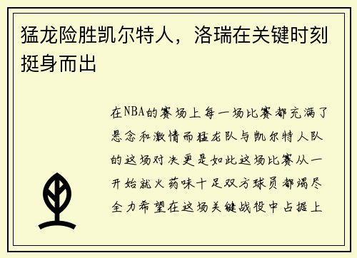 猛龙险胜凯尔特人，洛瑞在关键时刻挺身而出