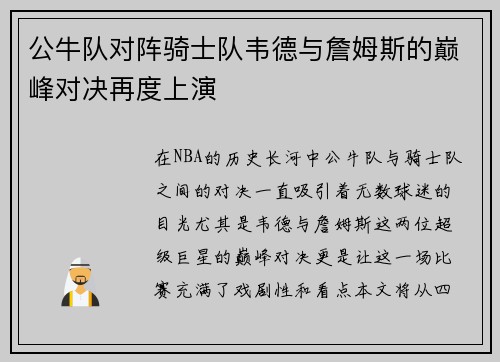 公牛队对阵骑士队韦德与詹姆斯的巅峰对决再度上演